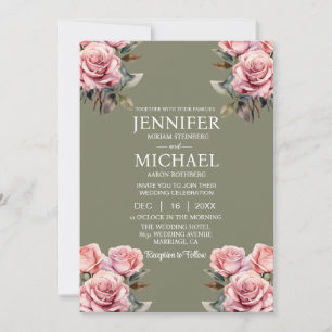 Sage Green Pink Roses Convite