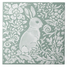 Sage Green Rabbit Woodland Scense Floral Fern