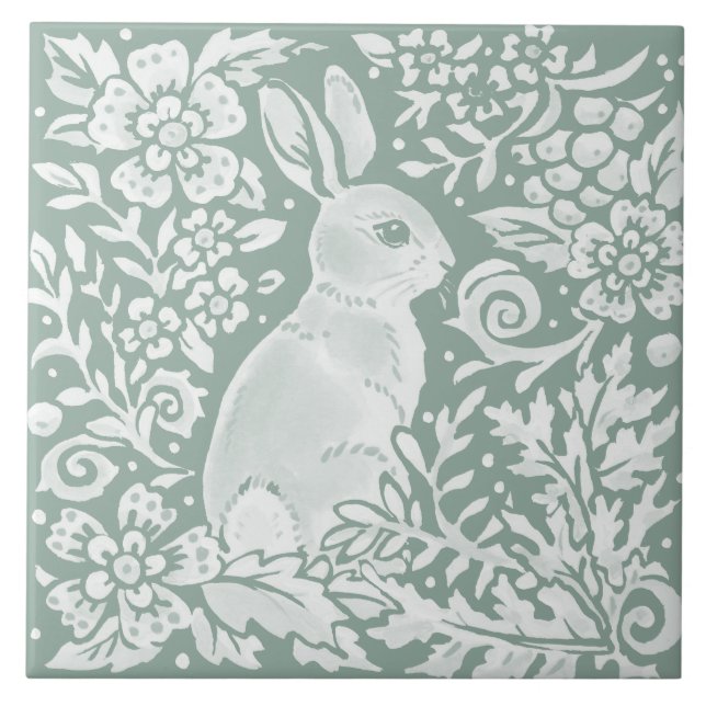 Sage Green Rabbit Woodland Scense Floral Fern (Frente)