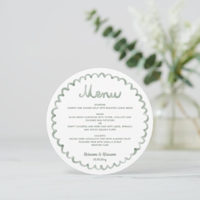 Sage Green Round Whimsical Frame Wedding Menu (Em pé/Frente)