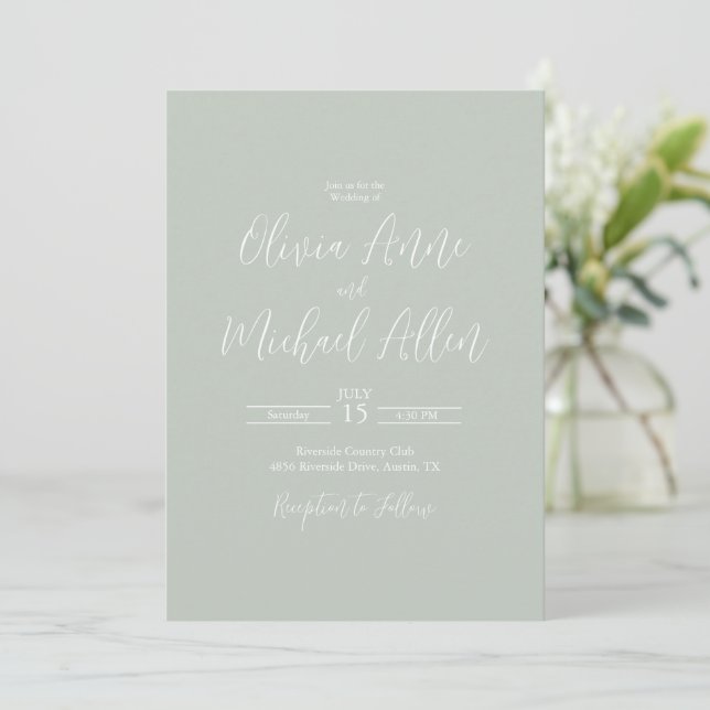 Sage Green Script Modern Weding Convite (Em pé/Frente)