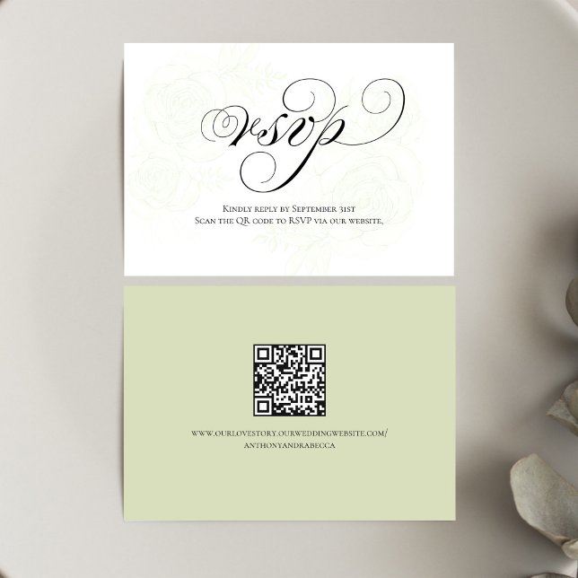 Sage Green Script QR Code Wedding RSVP Card (Sage green script RSVP card with QR code for quick and easy wedding responses)