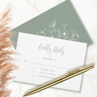 Sage Green Script Typografia Floral Wedding RSVP