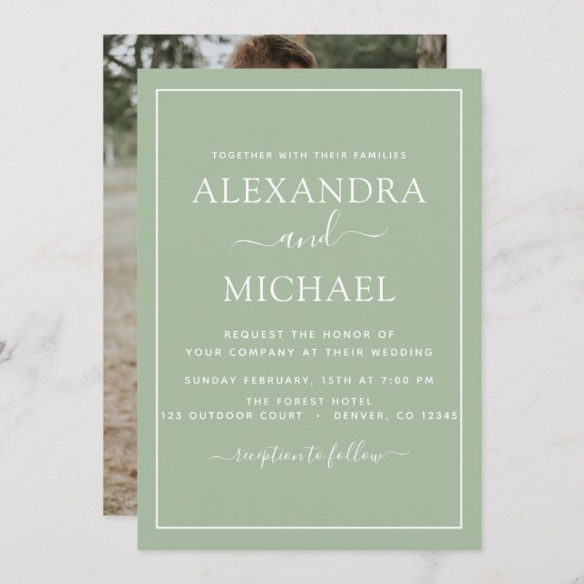 Sage Green Wedding Romântico Foto Convite (Frente/Verso)