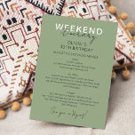 Sage Green Weekend Aniversário Itinerário Convite<br><div class="desc">Linha do tempo do cronograma do Fim de Semana Moderno de Caligrafia Verde. Design apresenta um esquema de texto elegante e moderno. Para fazer alterações avançadas,  selecione a opção "Clique para personalizar mais" em Personalizar este modelo.</div>
