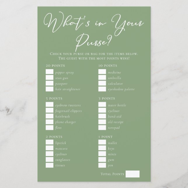 Sage Green What's in Your Purse Bridal Shower Game (Frente)