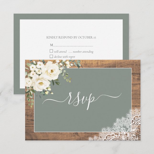 Sage Green White Floral Lace Wood RSVP (Frente/Verso)