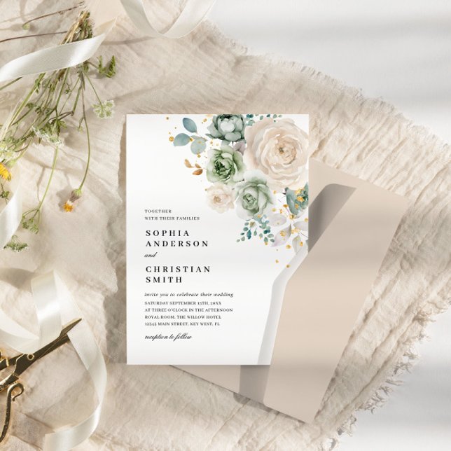 Sage Green & White Flowers Convite De Casamento (Criador carregado)