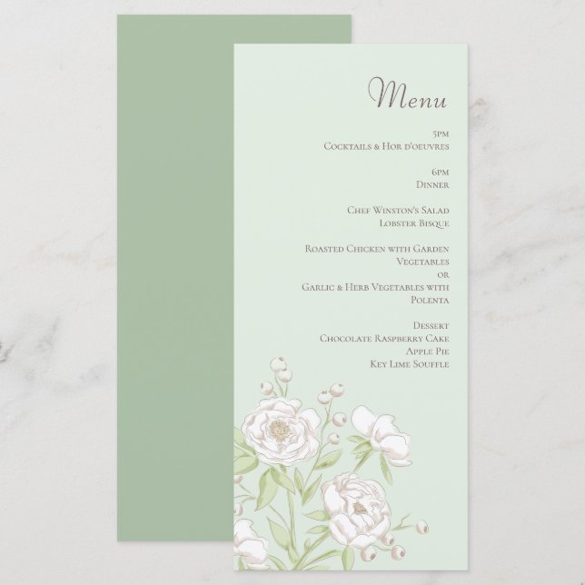 Sage Green White Rose Wedding Menus (Frente/Verso)