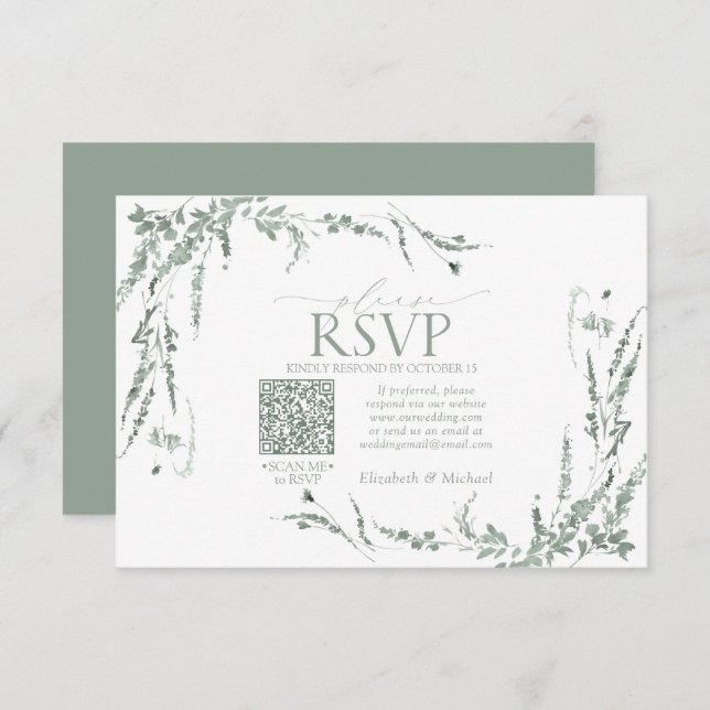 Sage Green Wildflower Calliografia QR Code RSVP (Frente/Verso)