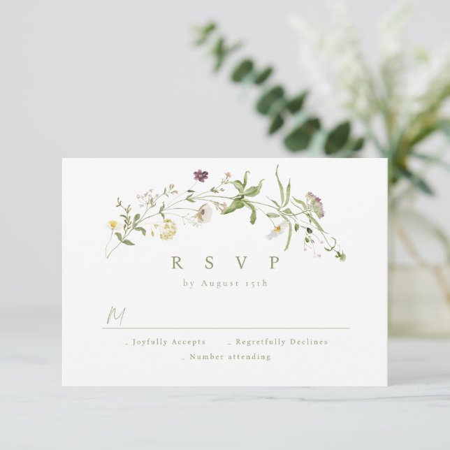 Sage Green Wildflower Rustic Boho Weding RSVP (Em pé/Frente)