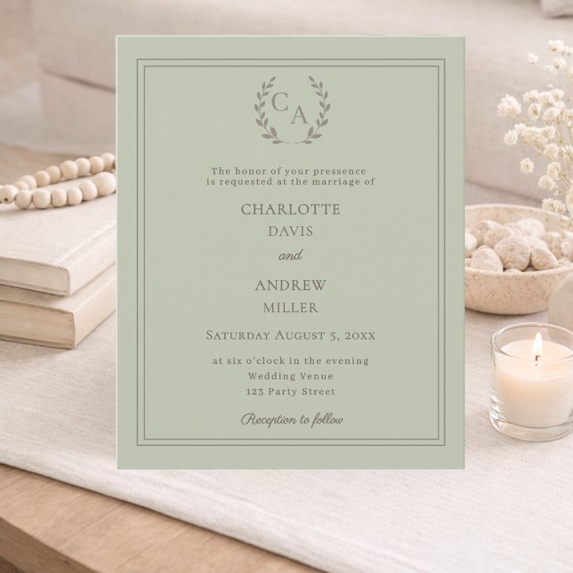 Sage green wreath monogram wedding invitation (Criador carregado)