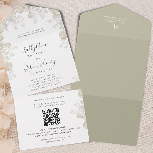 Sage Greenery Calliografia, Casamento Elegante (Elegant wedding all in one invitation with botanical greenery. )