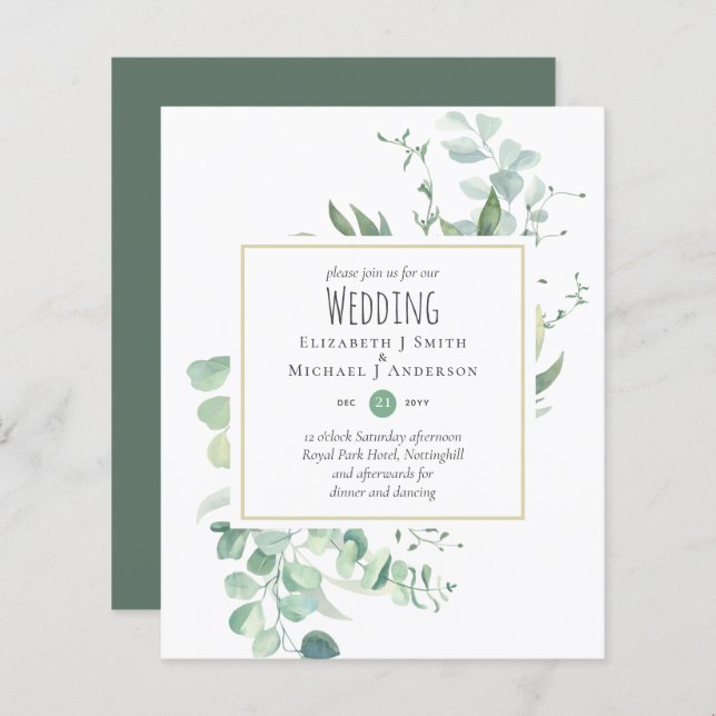 Sage Greenery Eucalyptus Wedding BUDGET Convite (Frente/Verso)