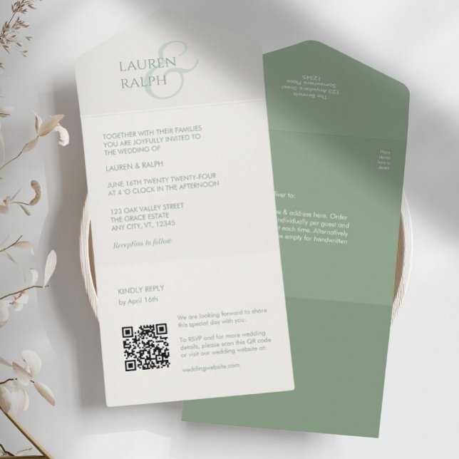 Sage & Ivory Monograma QR Tudo em Um Convite de ca (Criador carregado)