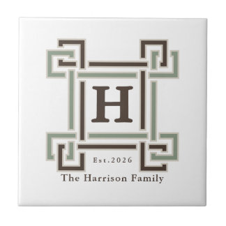 Sage Taupe Greek Key Monogram Family Crest