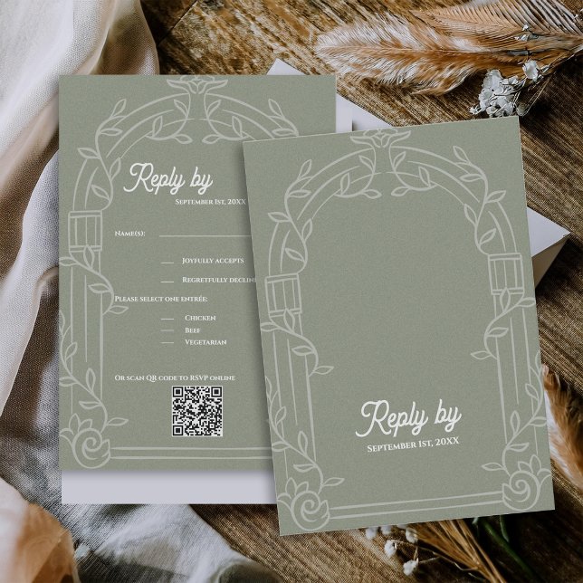 Sage Verde Arco Ornado Resposta de Casamento Botân (Sage Green Ornate Arch Botanical Wedding RSVP Card with QR Code | Elegant Wedding Reply Card)