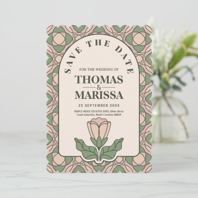 Sage Verde Código QR Art Nouveau Salve a Data (Em pé/Frente)