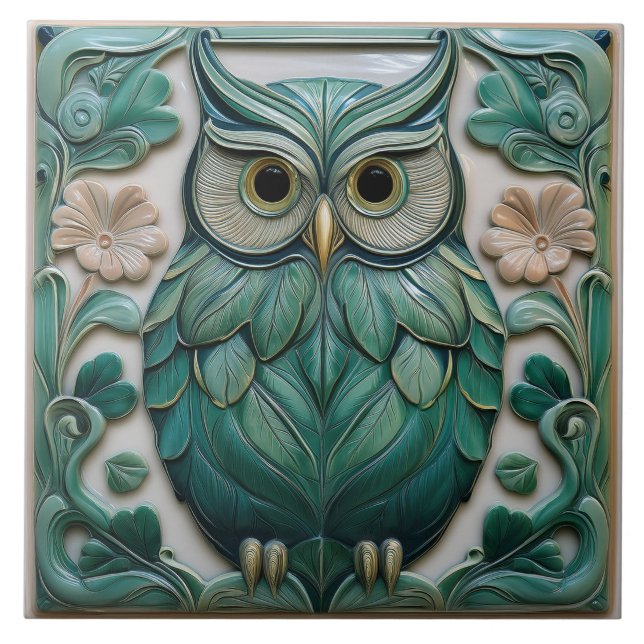 Sage verde falsa relevo Arte Nova Coruja (Frente)