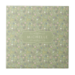 Sage Verde Flores Rosa Branco Padrão Floral Boho