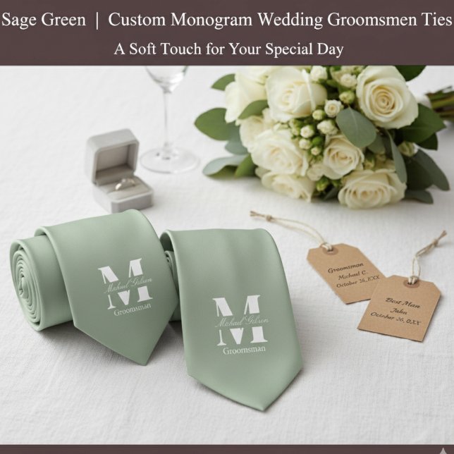 Sage Verde | Gravata de Groomsmen de Casamento com (Sage Green | Custom Monogram Wedding Groomsmen Neck Tie)