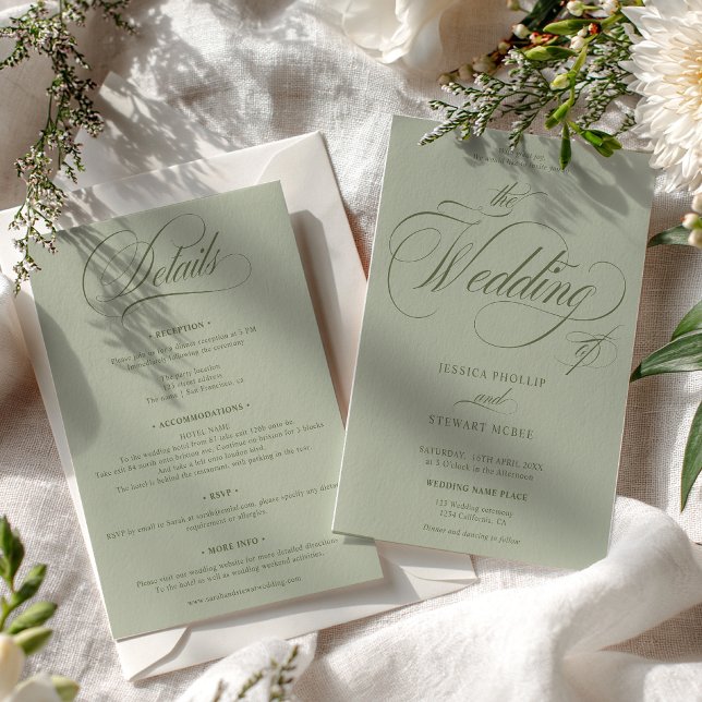 Sage verde todos em um convite de casamento em cal (Sage green all in one calligraphy wedding invitation)