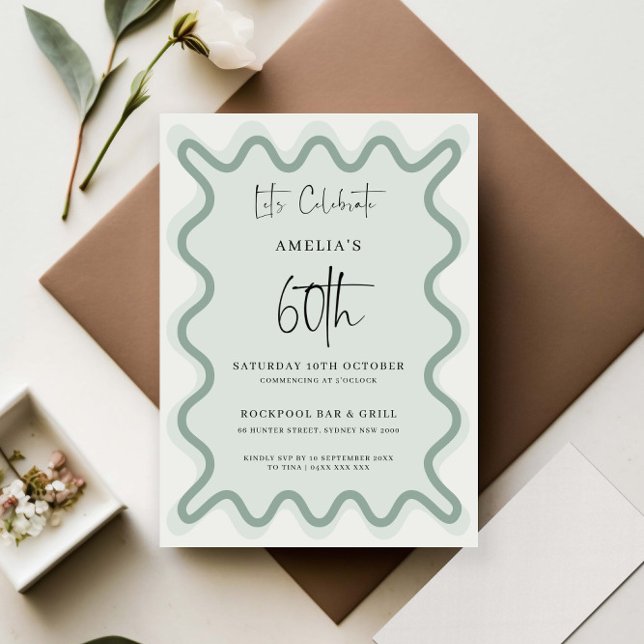 Sage Wavy Border 60º Convite de Aniversário (Criador carregado)