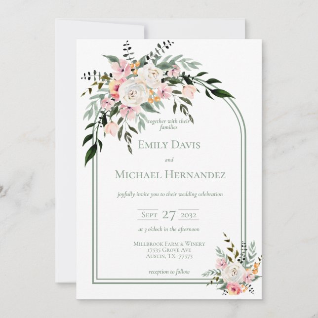Sage White Blush Peach Floral Arch Convite (Frente)
