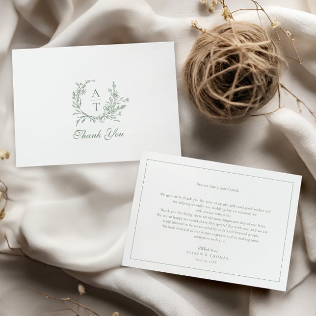 Sage Wildflower Monograma Cartões de agradecimento (Criador carregado)
