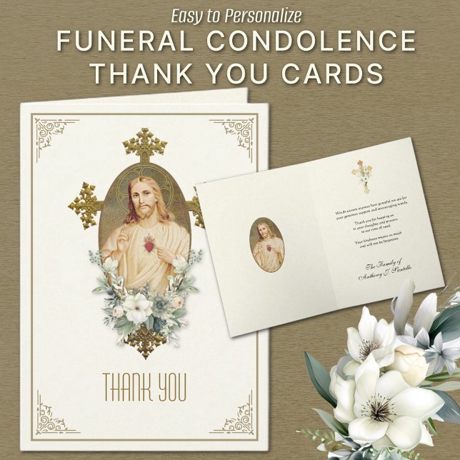 Sagrado Coração de Jesus Agradecimento de Condolên (Personalized Funeral Condolence Thank You Cards - Sacred Heart of Jesus)