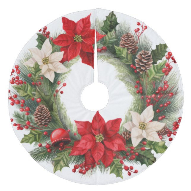 Saia Para Árvore De Natal De Lã Christmas Holly e Poinsettias (Frente)