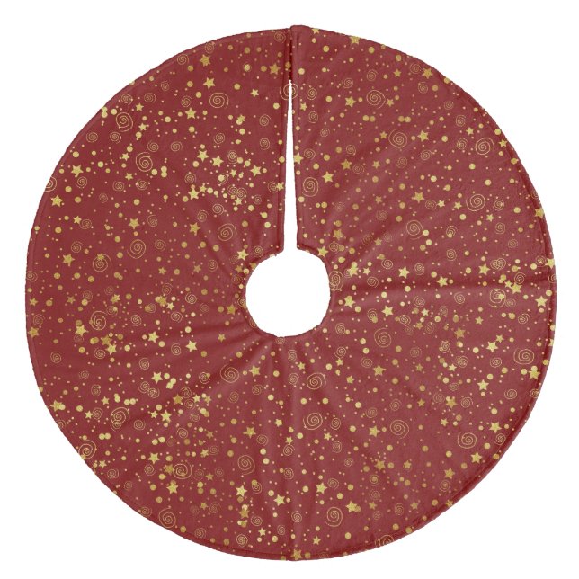Saia Para Árvore De Natal De Lã Dourado em Estrelas Vermelhas e Nadarias (Frente)