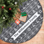 Saia Para Árvore De Natal De Lã Modern Nordic Knit Ugly Sweater Chalkboard Name<br><div class="desc">Celebrate the holiday season in “style” with this modern, Nordic style, ugly sweater knitted pattern, custom name Christmas tree skirt! Cute, whimsical trees, reindeer, and ornaments in white overlay a chalkboard background. Personalize with your name or custom greeting. 44” diameter, designed to fit most trees. Machine washable, lay flat to...</div>
