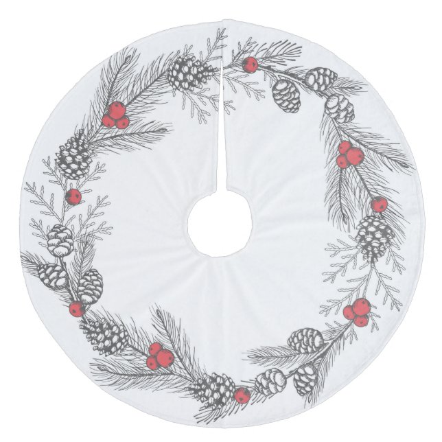 Saia Para Árvore De Natal De Lã Natal Holly e Pine Cones (Frente)