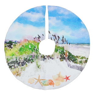 Saia Para Árvore De Natal De Linho Falso Beachy Watercolor Oceano e conchas