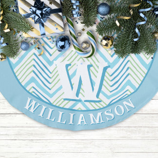 Saia Para Árvore De Natal De Linho Falso Big Zag Chevron in Green + Aqua Personalized