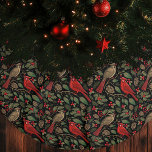 Saia Para Árvore De Natal De Linho Falso Cardinais de Natal Escuros e Moody<br><div class="desc">Celebrar os feriados com esta design de Natal elegante e humilde. Esta saia da árvore de Natal apresenta cores escuras e sangrentas com aves cardeais,  folhagem e bagas ocas contra fundo preto. Você pode alterar as cores de fundo e personalizá-las para suas necessidades.</div>