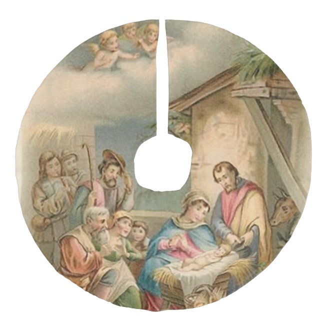 Saia Para Árvore De Natal De Linho Falso "Cena Bonito Manger" (Frente)