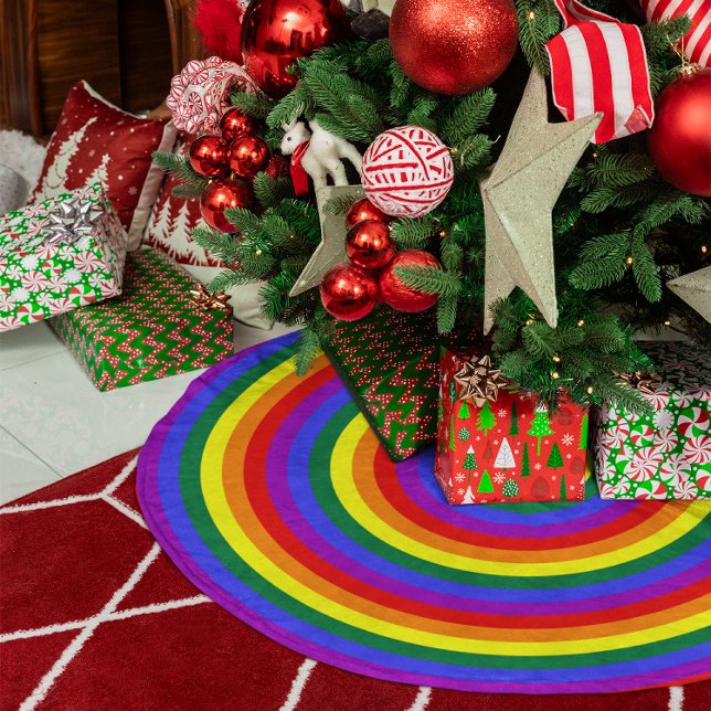 Saia Para Árvore De Natal De Linho Falso Círculos Concentrados Arco-Íris (Rainbow Concentric Circles Faux Linen Tree Skirt)