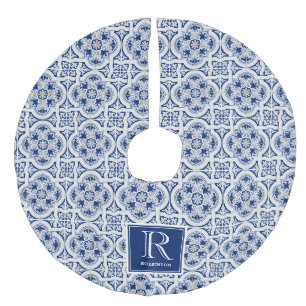 Saia Para Árvore De Natal De Linho Falso Padrão de Azulejo Italiano Azul, Monograma