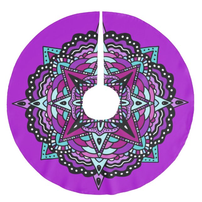 Saia Para Árvore De Natal De Poliéster Abstrato de Mandala Roxo e Azul (Frente)