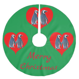 Saia Para Árvore De Natal De Poliéster Adoro Pássaros Casais Pinguins Coração Thunder_