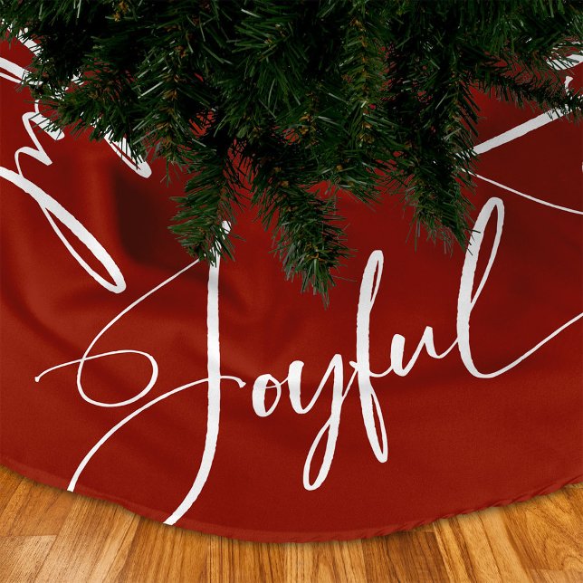 Saia Para Árvore De Natal De Poliéster Alegria | Vermelho Natal Elegante (An elegant and unique Christmas tree skirt featuring stunning calligraphy that says "joyful")
