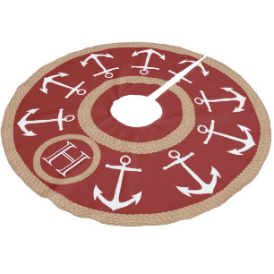 Saia Para Árvore De Natal De Poliéster Âncoras brancas e monograma náutico da corda