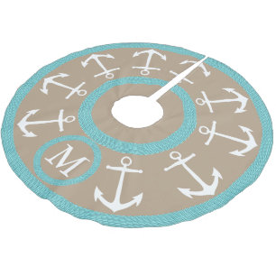 Saia Para Árvore De Natal De Poliéster Âncoras brancas e monograma náutico da corda da