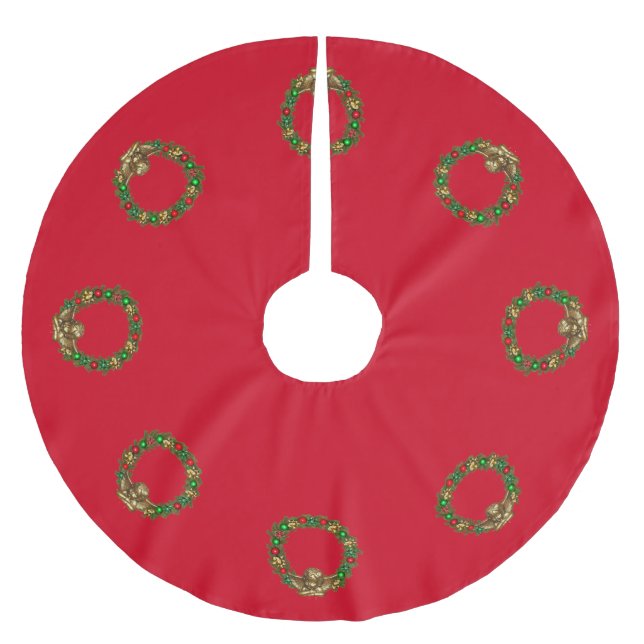 Saia Para Árvore De Natal De Poliéster Anjo Natal clássico e Vermelho Wreath (Frente)