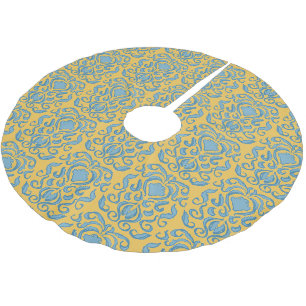 Saia Para Árvore De Natal De Poliéster Aqua Blue Damask Old World Creme Amarelo
