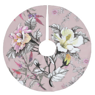 Saia Para Árvore De Natal De Poliéster Aquarela Deixa Flores Cor-de-rosa