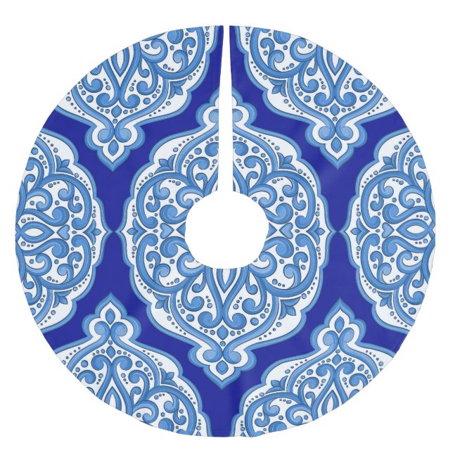 Saia Para Árvore De Natal De Poliéster Azul-branco-luxo, ornamento turco. (Frente)