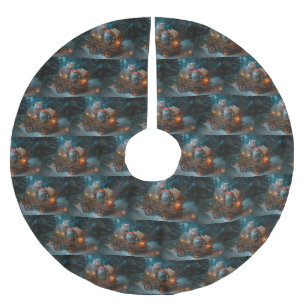 Saia Para Árvore De Natal De Poliéster Azul Russo Gato Snowy Sleigh Decência de Natal